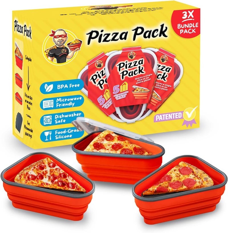 PIZZA PACK حاوية تخزين البيتزا القابلة لإعادة الاستخدام المثالية مع 5 صواني تقديم قابلة للاستخدام في الميكروويف - حاوية شريحة بيتزا قابلة للتعديل خالية من BPA لتنظيم وتوفير المساحة، 3 عبوات، حمراء - Image 1